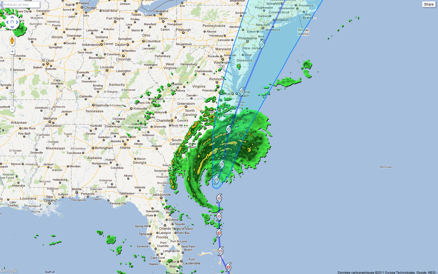 Following Hurricane Irene in New York with Google Maps in real time de F1JXQ1503 x 939